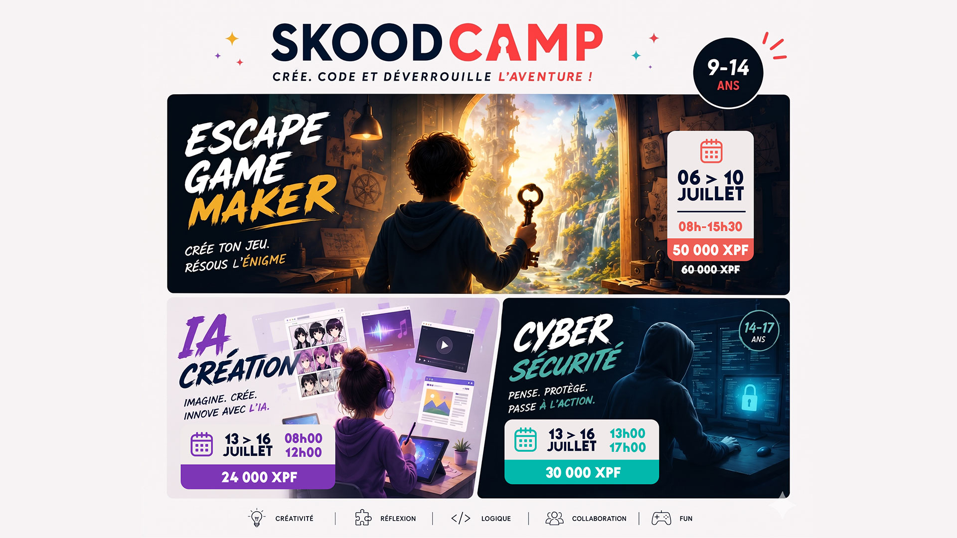 SKOOD CAMP — Crée. Code et Déverrouille l'Aventure ! 3 stages tech cet été à Papeete.